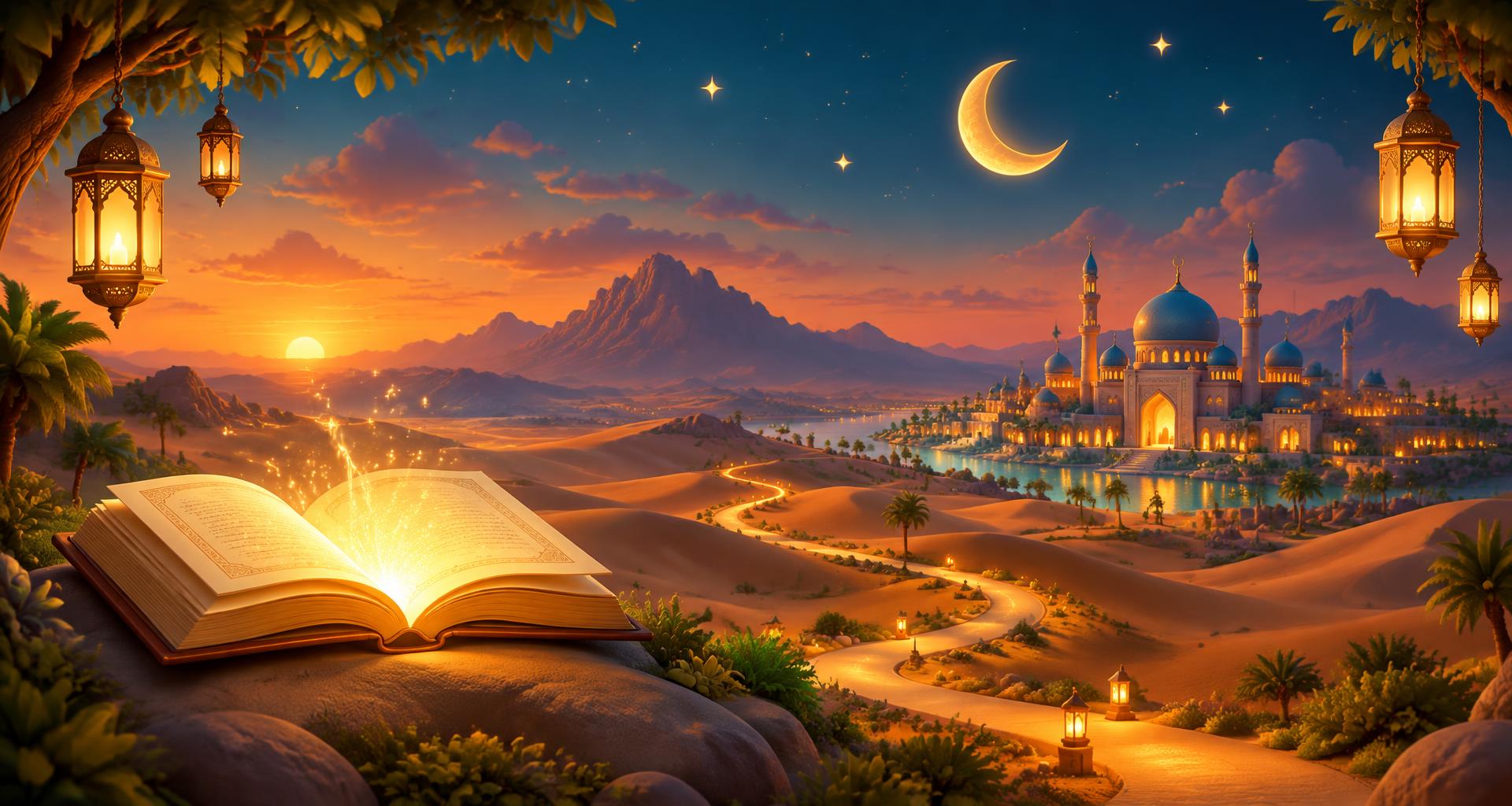 A glowing book on a desert path leading to a city under the moon